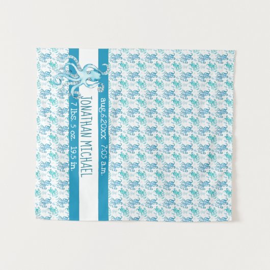 Blue & Aquamarin Octopus Baby's Name Birth Stats Wandteppich (Vorderseite (Horizontal))