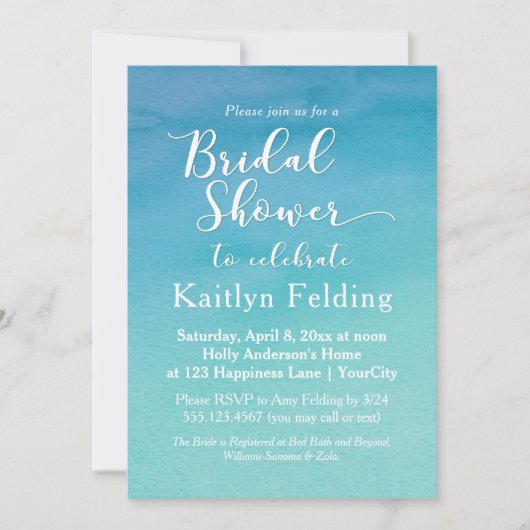 Blue & Aquamarin Ombre Brautparty Einladung (Vorderseite)