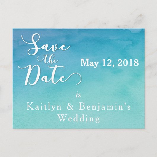 Blue & Aquamarin Ombre Wasserfarbe Save the Date 2 Ankündigungspostkarte (Vorderseite)