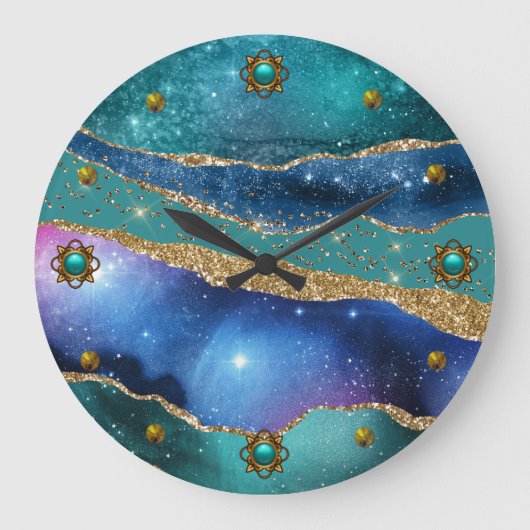 Blue Aquamarin und Gold Agate  Große Wanduhr (Vorderseite)