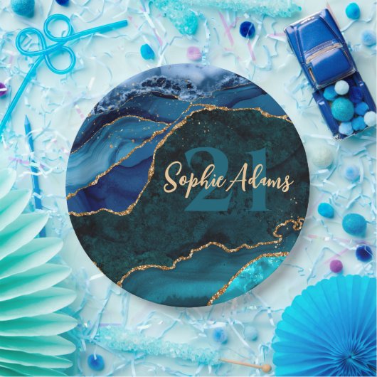 Blue, Aquamarin und Gold Glitzer Peacock Agate Bir Pappteller (Party)