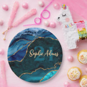 Blue, Aquamarin und Gold Glitzer Peacock Agate Bir Pappteller (Party)