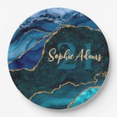 Blue, Aquamarin und Gold Glitzer Peacock Agate Bir Pappteller (Vorderseite)