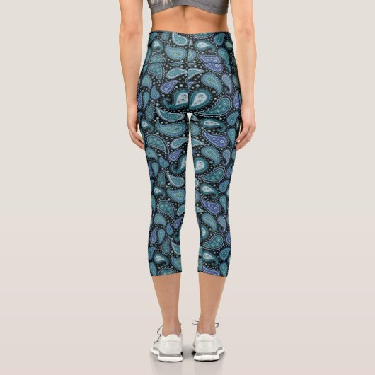 Blue Aquamarin Vintag Paisley Capri Leggings (Rückseite)