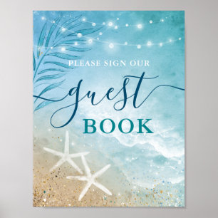 Blue Aquamarin Watercolor Beach Wedding Guest Book Poster