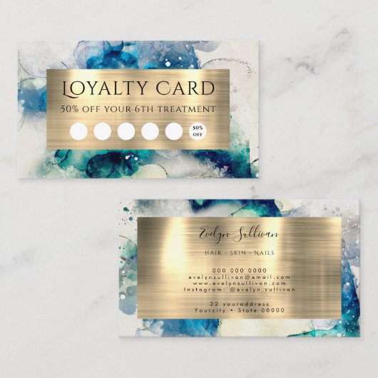 Blue Aquamarin Watercolor Loyalty Card Visitenkarte (Vorne/Hinten)