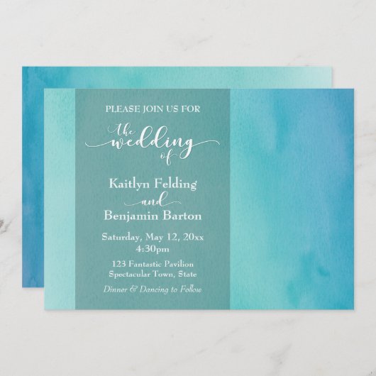 Blue & Aquamarin Watercolor Ombre Horizontal Weddi Einladung (Vorne/Hinten)