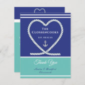 Blue aquamarin White Nautical Seil Herz Anchor Hoc Dankeskarte (Vorne/Hinten)