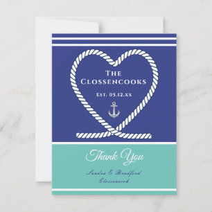 Blue aquamarin White Nautical Seil Herz Anchor Hoc Dankeskarte