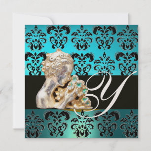 BLUE AQUAMARINE BLACK, WHITE DAMASK JEWEL MONOGRAM EINLADUNG