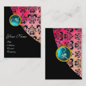 BLUE AQUAMARINE DAMASK MONOGRAM, fuchsienrosa Visitenkarte (Vorne/Hinten)