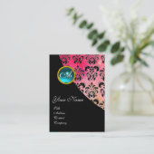 BLUE AQUAMARINE DAMASK MONOGRAM, fuchsienrosa Visitenkarte (Stehend Vorderseite)