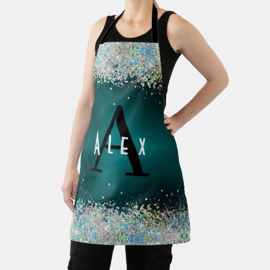 Blue Aquamariner Glitzer Monogram Add your name +  Schürze (InSitu)