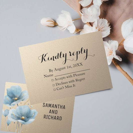 Blue Aquarell Blume Gold Glitzer RSVP Karte