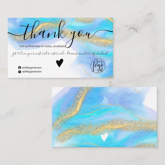 Blue Aquarell Gold Glitzer Logo Bestellung Vielen  Visitenkarte (Vorne/Hinten)