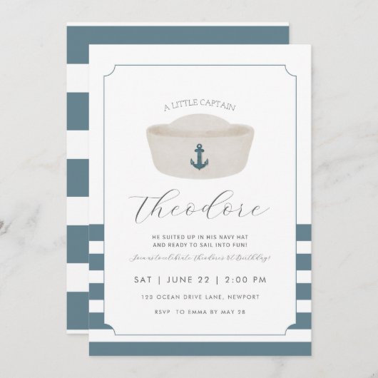 Blue Aqucolor Blue Marine Hat zum ersten Geburtsta Einladung (Vorne/Hinten)