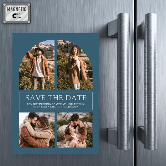 Blue Arch Photo Collage Wedding Save the Date Magneteinladung