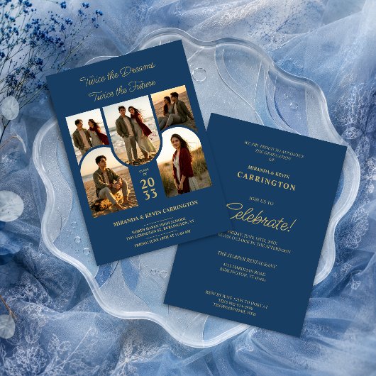 Blue Arched Collage Double Grads Twins TMF26 Einladung