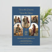 Blue Arched Collage Double Grads Twins TMF26 Einladung (Stehend Vorderseite)