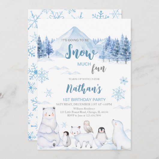 Blue Arctic Animals Birthday Invitation Einladung (Vorne/Hinten)