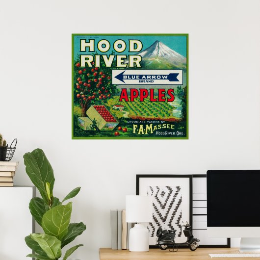 Blue Arrow Apple Crate LabelHood River, OR Poster (Heimbüro)