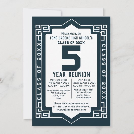 Blue Art Deco 5 Jahre High School Wiedersehen Einladung (Vorderseite)