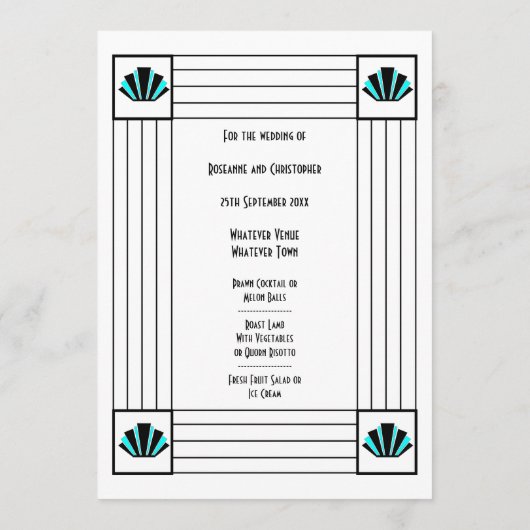 Blue Art Deco Design Wedding Menükarte (Rückseite)