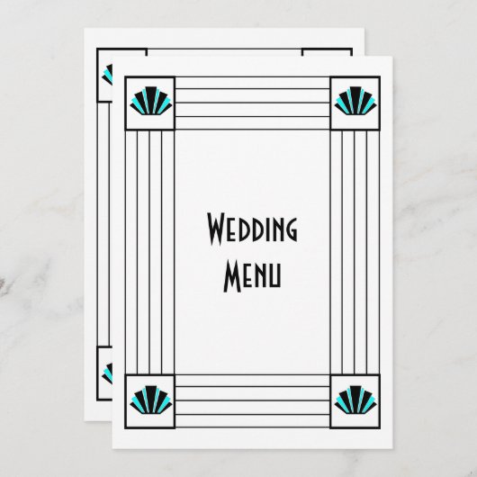 Blue Art Deco Design Wedding Menükarte (Vorne/Hinten)