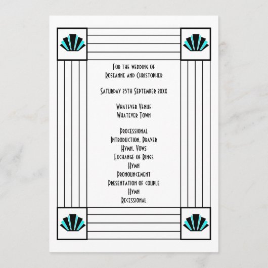 Blue Art Deco Design Wedding Programm (Rückseite)