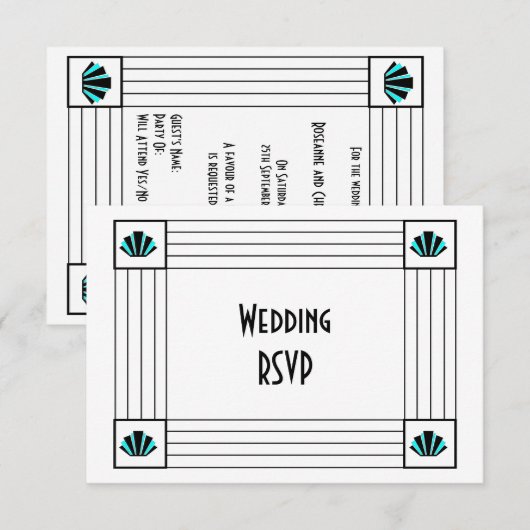 Blue Art Deco Design Wedding RSVP Karte (Vorne/Hinten)