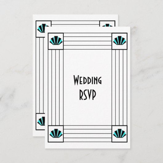 Blue Art Deco Design Wedding RSVP Karte (Vorne/Hinten)