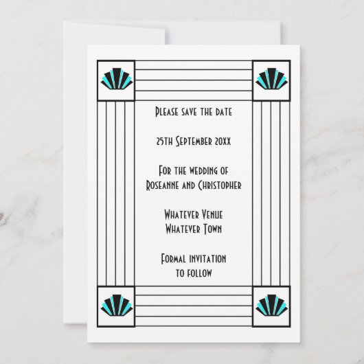 Blue Art Deco Design Wedding Save The Date (Rückseite)