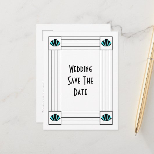 Blue Art Deco Design Wedding Save the Date Ankündigungspostkarte (Vorderseite/Rückseite Beispiel)