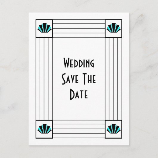 Blue Art Deco Design Wedding Save the Date Ankündigungspostkarte (Vorderseite)