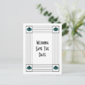 Blue Art Deco Design Wedding Save the Date Ankündigungspostkarte (Stehend Vorderseite)