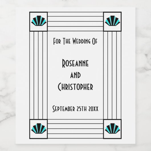 Blue Art Deco Design Wedding Weinetikett (Einzelnes Label)