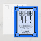 Blue Art Deco Geometric Geburtstag Einladung Postk (Vorne/Hinten)