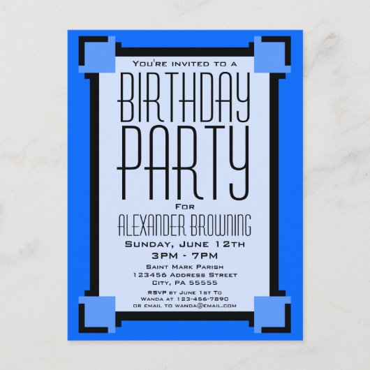 Blue Art Deco Geometric Geburtstag Einladung Postk (Vorderseite)