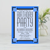 Blue Art Deco Geometric Geburtstagsparty Einladung (Stehend Vorderseite)