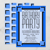 Blue Art Deco Geometric Geburtstagsparty Einladung (Vorne/Hinten)