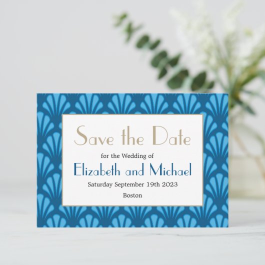 Blue Art Deco Moderne Elegante Save the Date (Stehend Vorderseite)