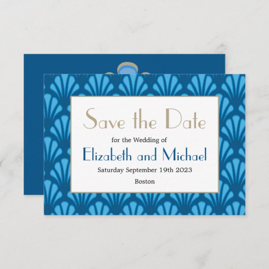 Blue Art Deco Moderne Elegante Save the Date (Vorne/Hinten)