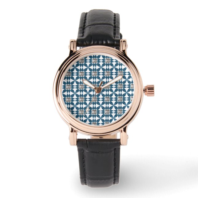 Blue Art Deco Muster Armbanduhr (Vorderseite)