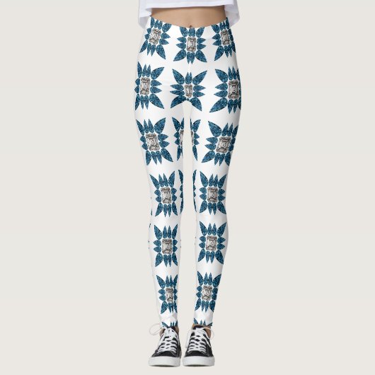 Blue Art Deco Muster Leggings (Vorderseite)