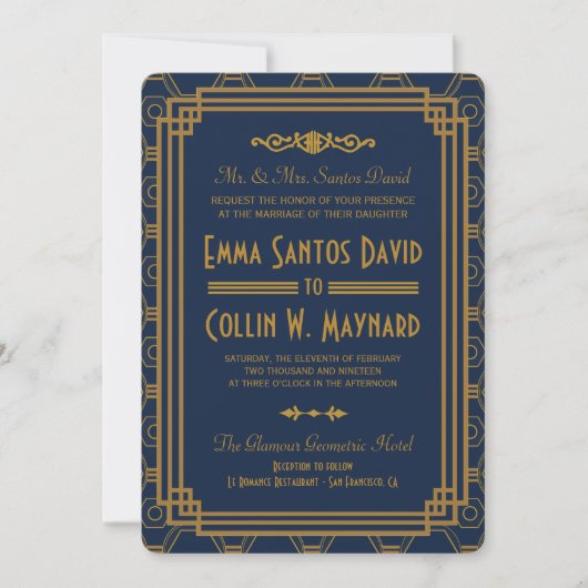 Blue Art Deco Wedding Invites Einladung (Vorderseite)