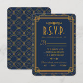 Blue Art Deco Wedding RSVP Cards Karte (Vorne/Hinten)