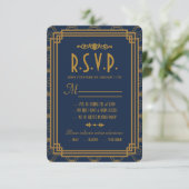 Blue Art Deco Wedding RSVP Cards Karte (Stehend Vorderseite)