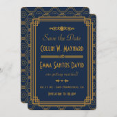 Blue Art Deco Wedding Save the Date (Vorne/Hinten)