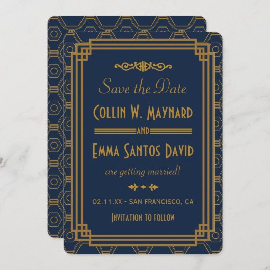 Blue Art Deco Wedding Save the Date (Vorne/Hinten)