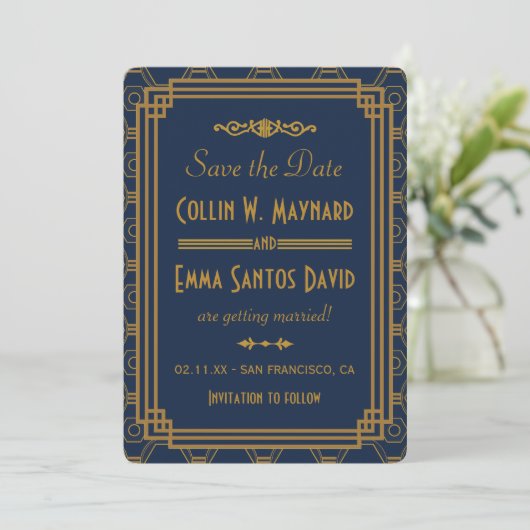 Blue Art Deco Wedding Save the Date (Stehend Vorderseite)